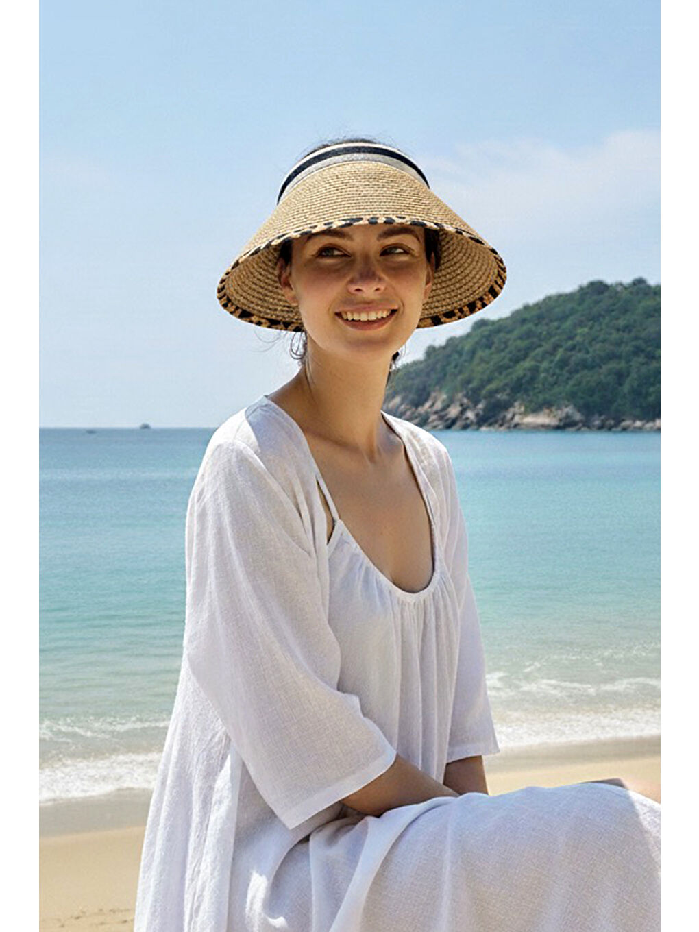 Kahverengi Camel Leopar Desen Detaylı Hasır Vizör Şapka 14624