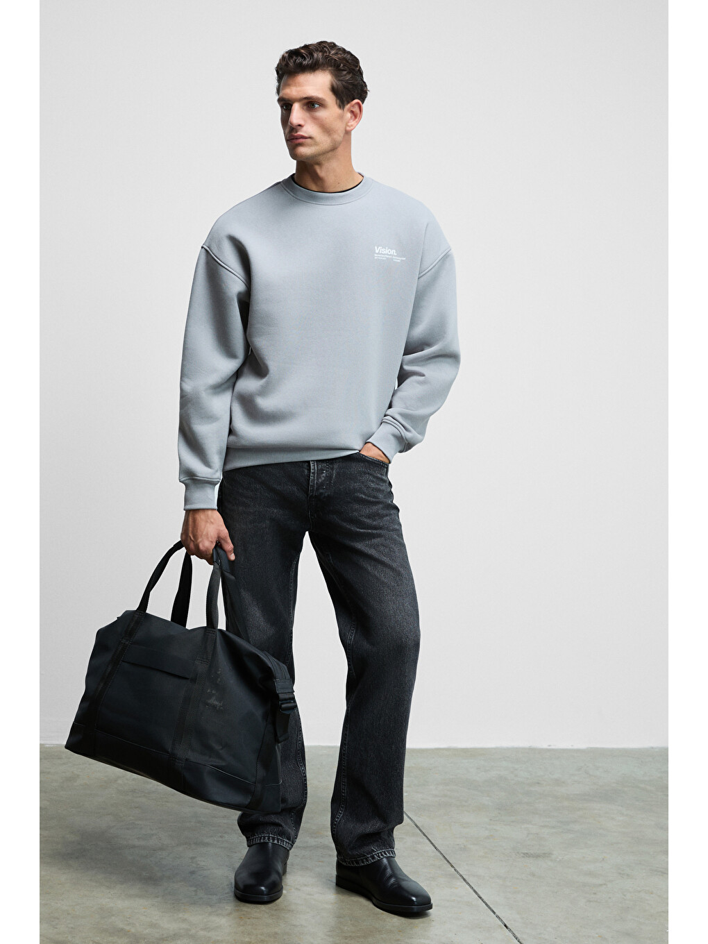 Gri Ernest Erkek Organik Pamuklu Yumuşacık Baskı Detaylı Bisiklet Yaka İçi Polarlı AÇIK GRİ Sweatshirt-5