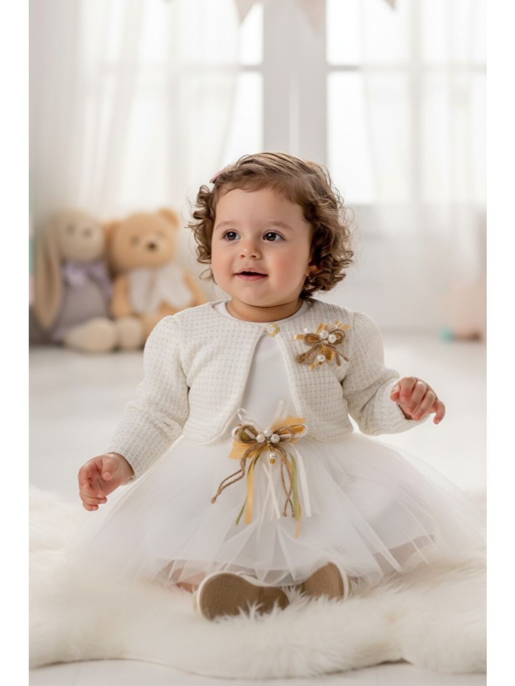 Ekru Triko Bolerolu Kız Bebek Elbise M00770-4