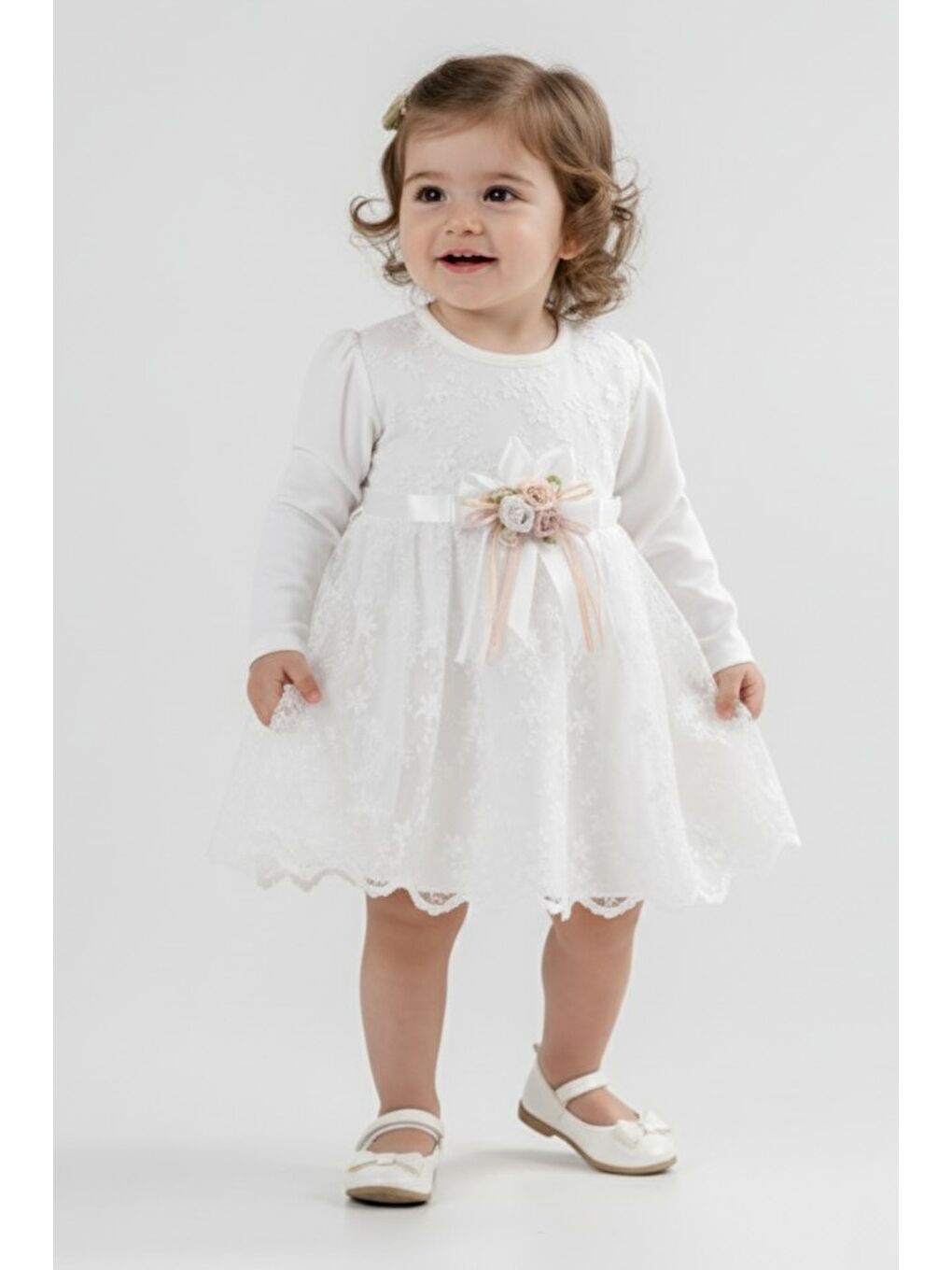 Ekru Kız Bebek Kurdelalı Çiçekli Dantel Elbise M00768-3