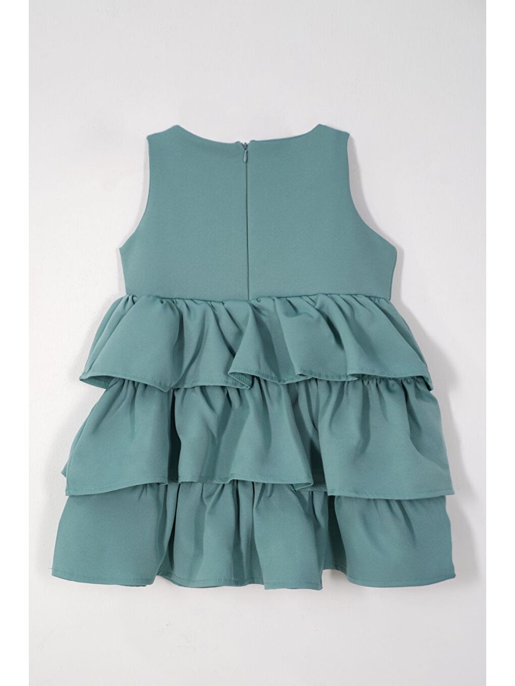 Bisiklet Yaka Kurdele Detaylı Eteği Fırfırlı Sıfır Kol Çağla Yeşil Renk Kız Çocuk Elbise-1