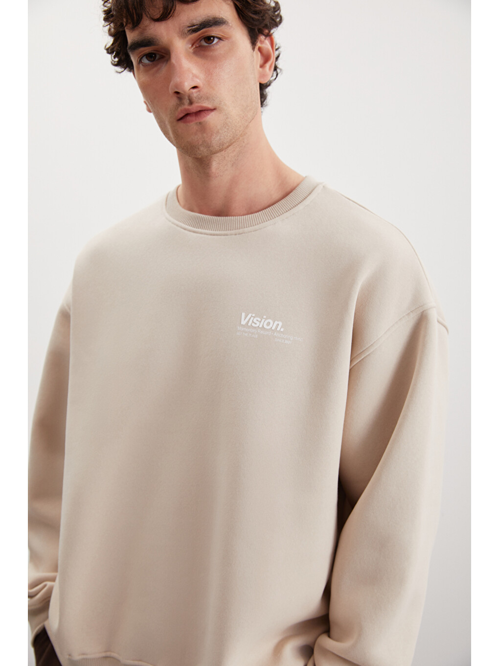 Bej Ernest Erkek Organik Pamuklu Yumuşacık Baskı Detaylı Bisiklet Yaka İçi Polarlı VİZON Sweatshirt-4