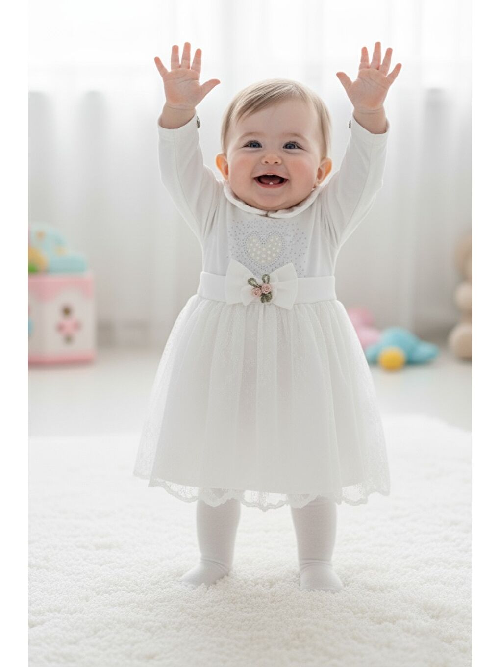 Ekru Kız Bebek Taşlı Dantel Mevlit Elbise M00767