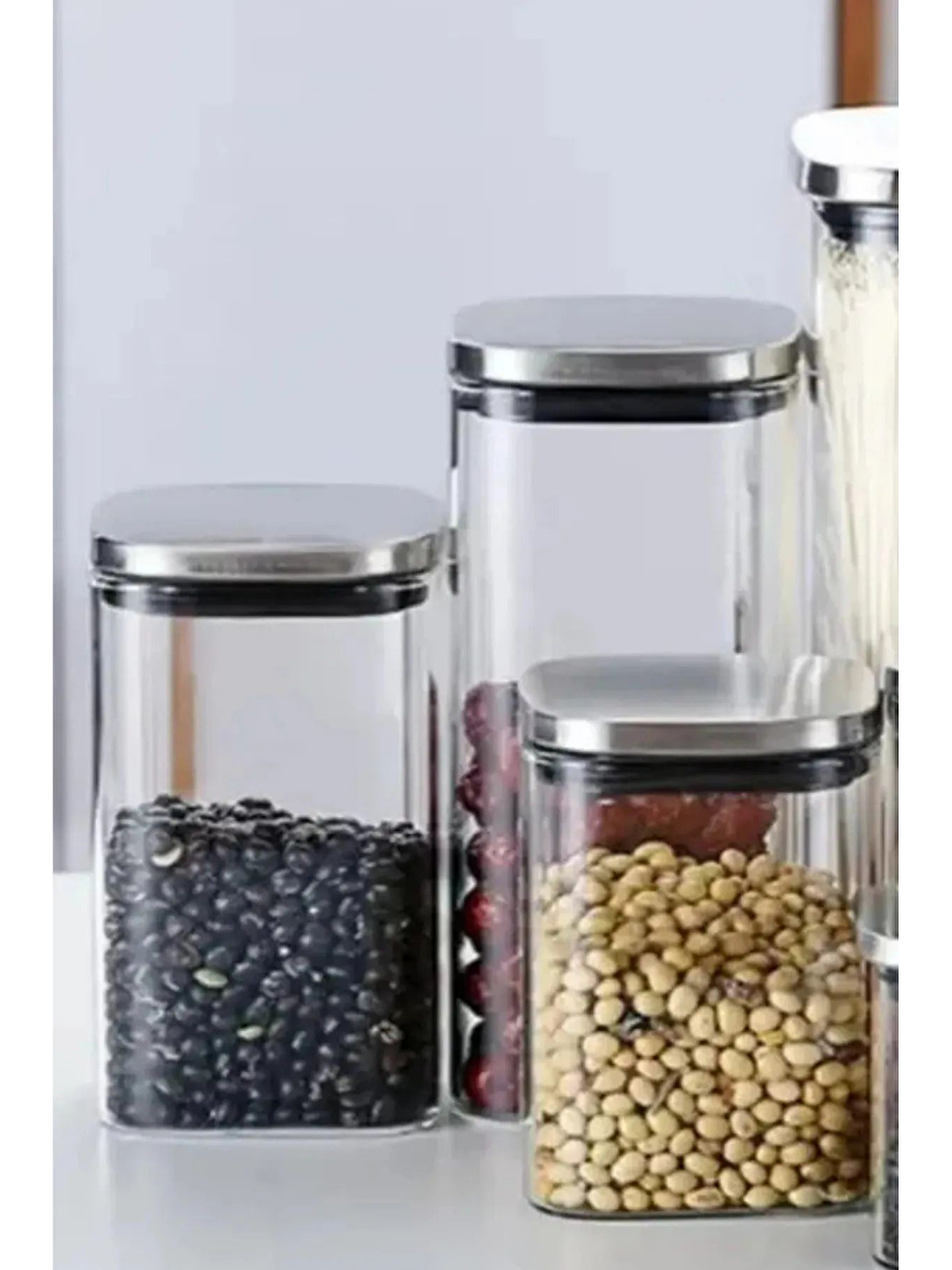 Renksiz Vakum Krom Kapaklı Kare Cam Kavanoz 65x142 cm - 400 ml Cam Baharatlık Saklama Kabı 3 Adet-4