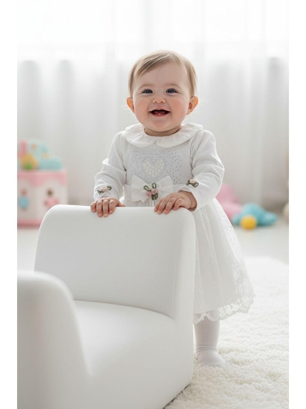 Ekru Kız Bebek Taşlı Dantel Mevlit Elbise M00767-2