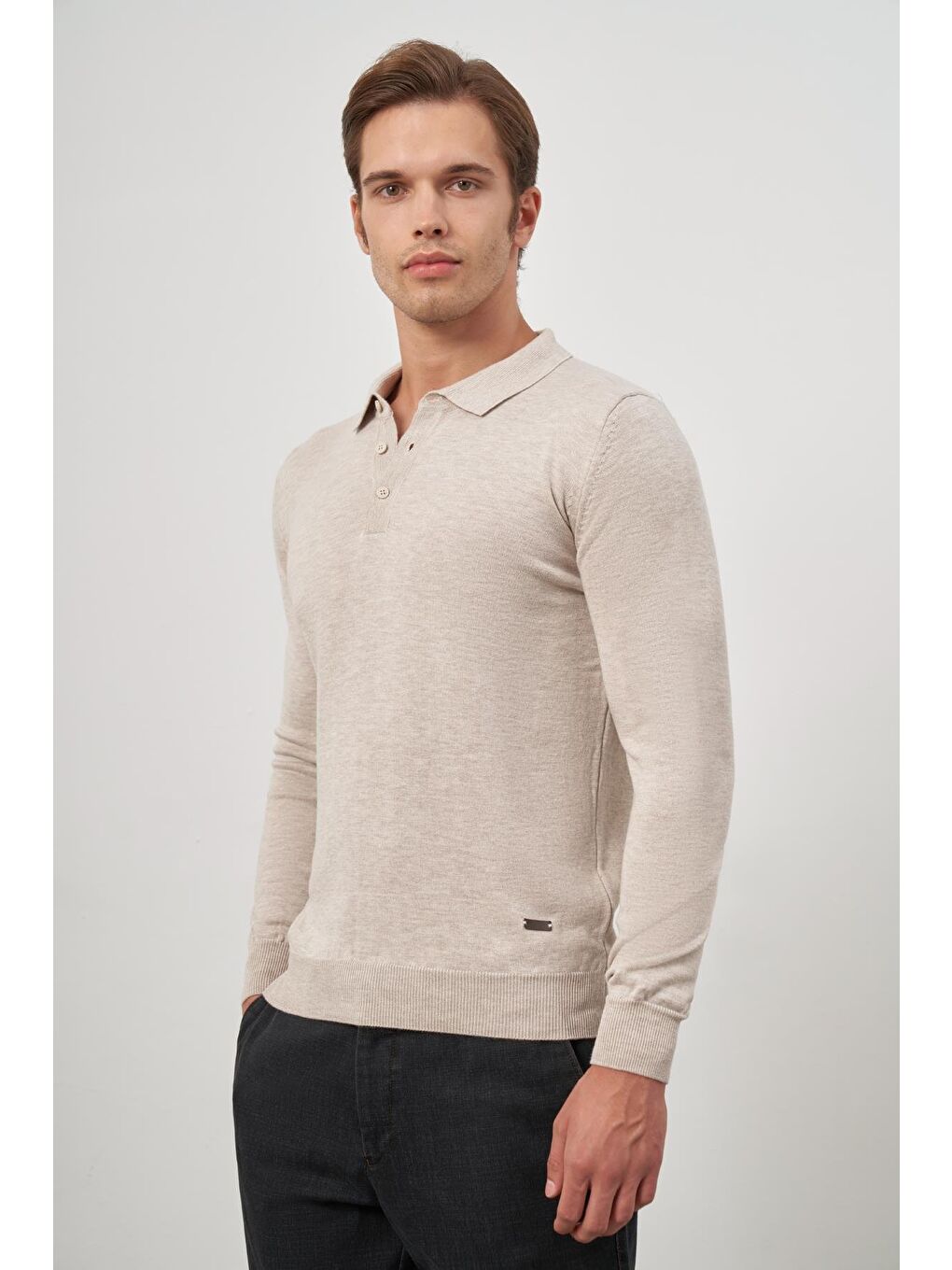 Açık Bej Uzun Kol Düz Örme Polo Yaka Classic Comfort Fit Triko 1012245007