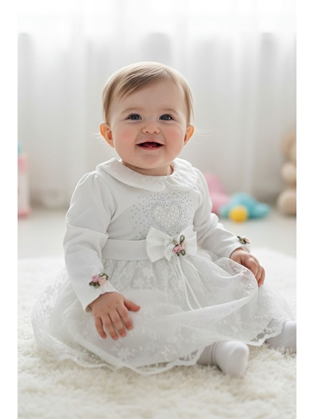 Ekru Kız Bebek Taşlı Dantel Mevlit Elbise M00767-3