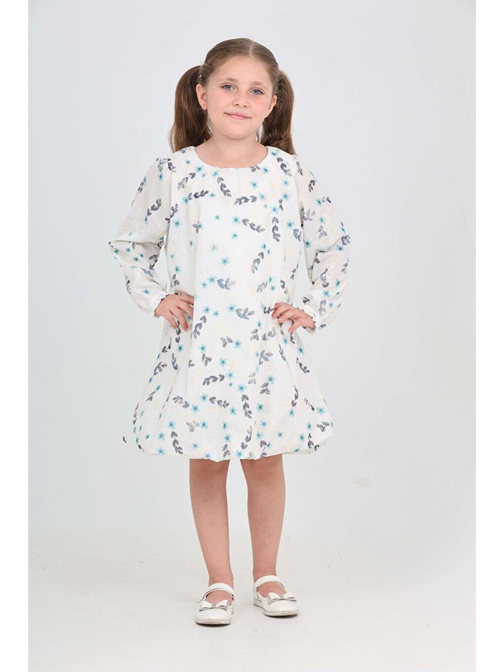 Gri Kız Çocuk Çiçekli Volanlı Elbise