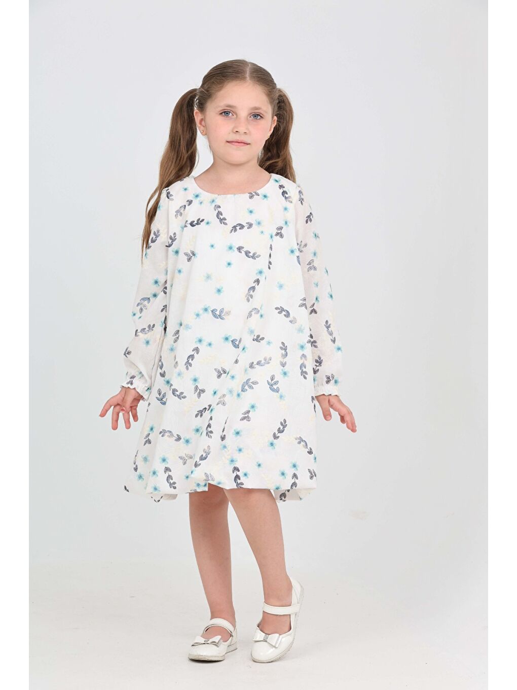 Gri Kız Çocuk Çiçekli Volanlı Elbise-1