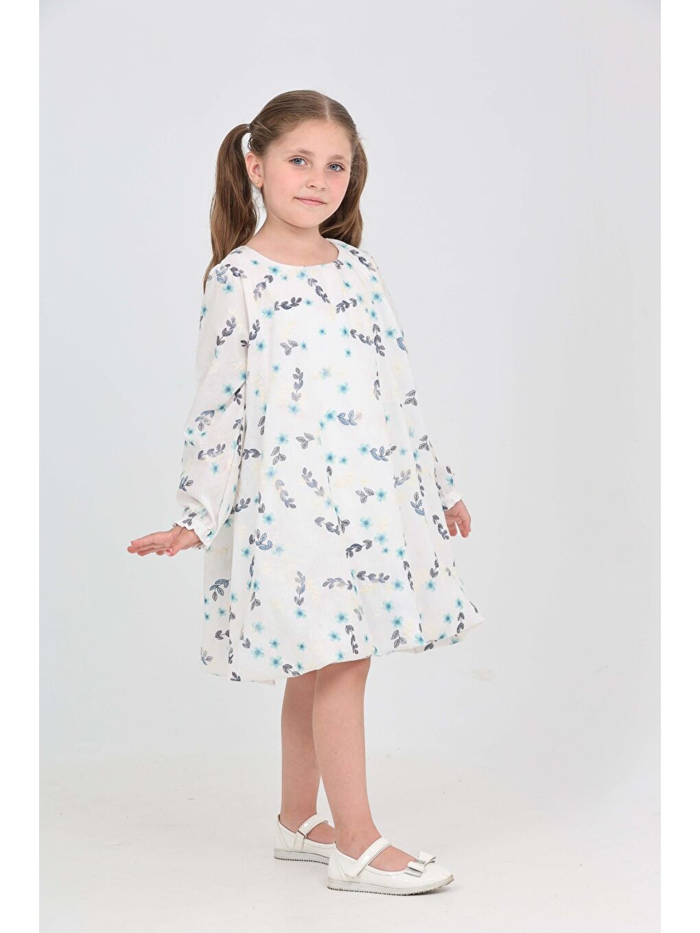 Gri Kız Çocuk Çiçekli Volanlı Elbise-2