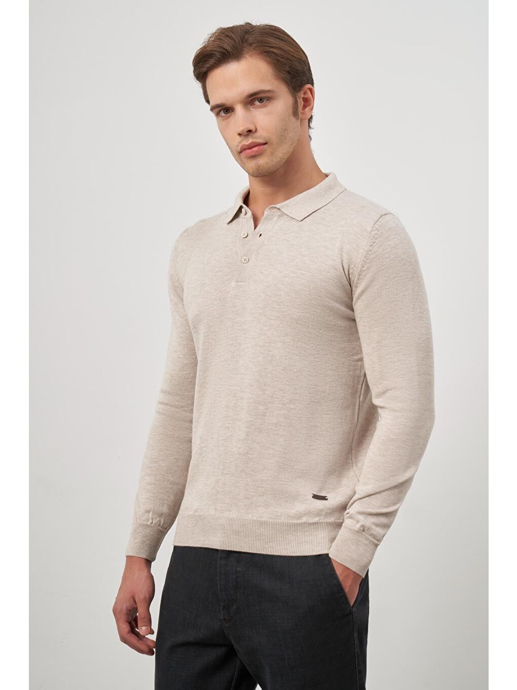 Açık Bej Uzun Kol Düz Örme Polo Yaka Classic Comfort Fit Triko 1012245007-3