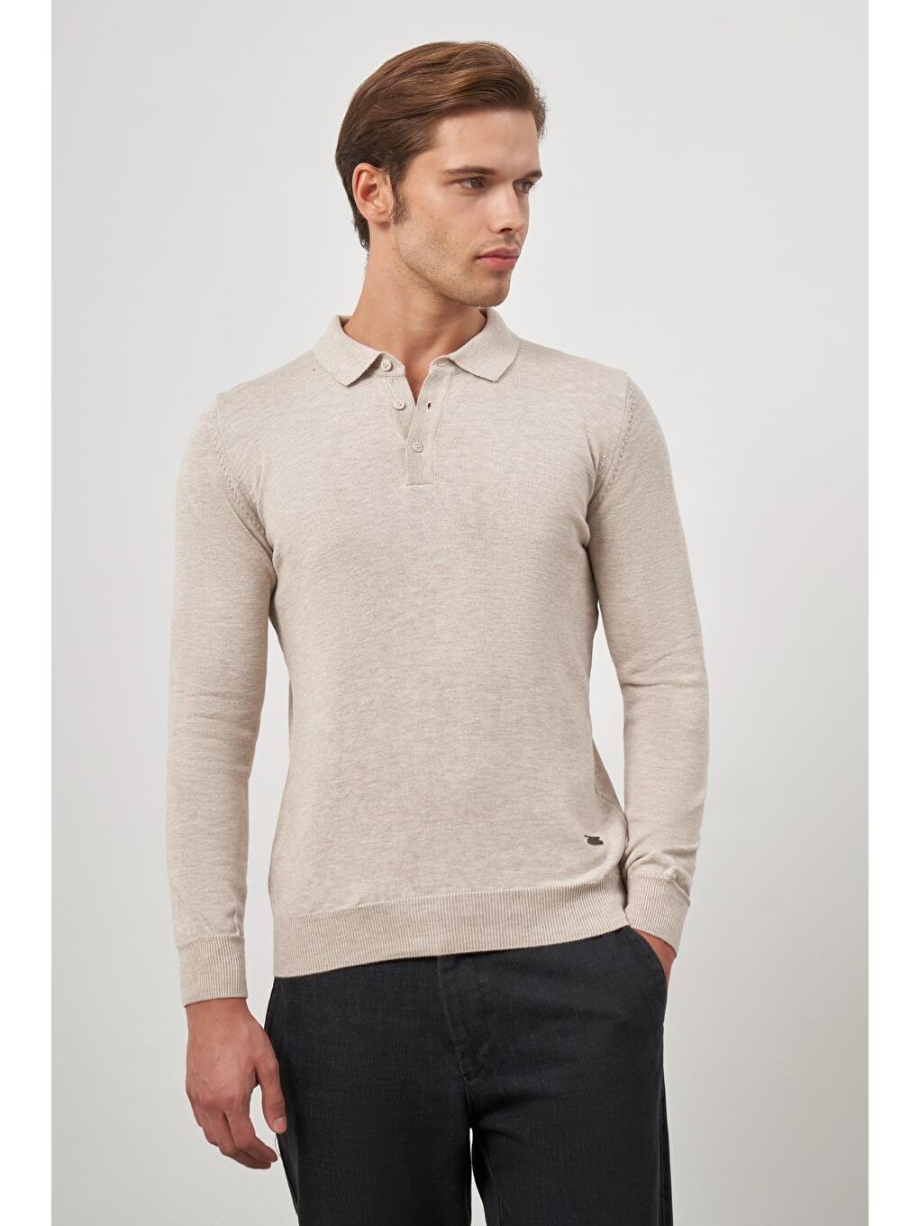 Açık Bej Uzun Kol Düz Örme Polo Yaka Classic Comfort Fit Triko 1012245007-4