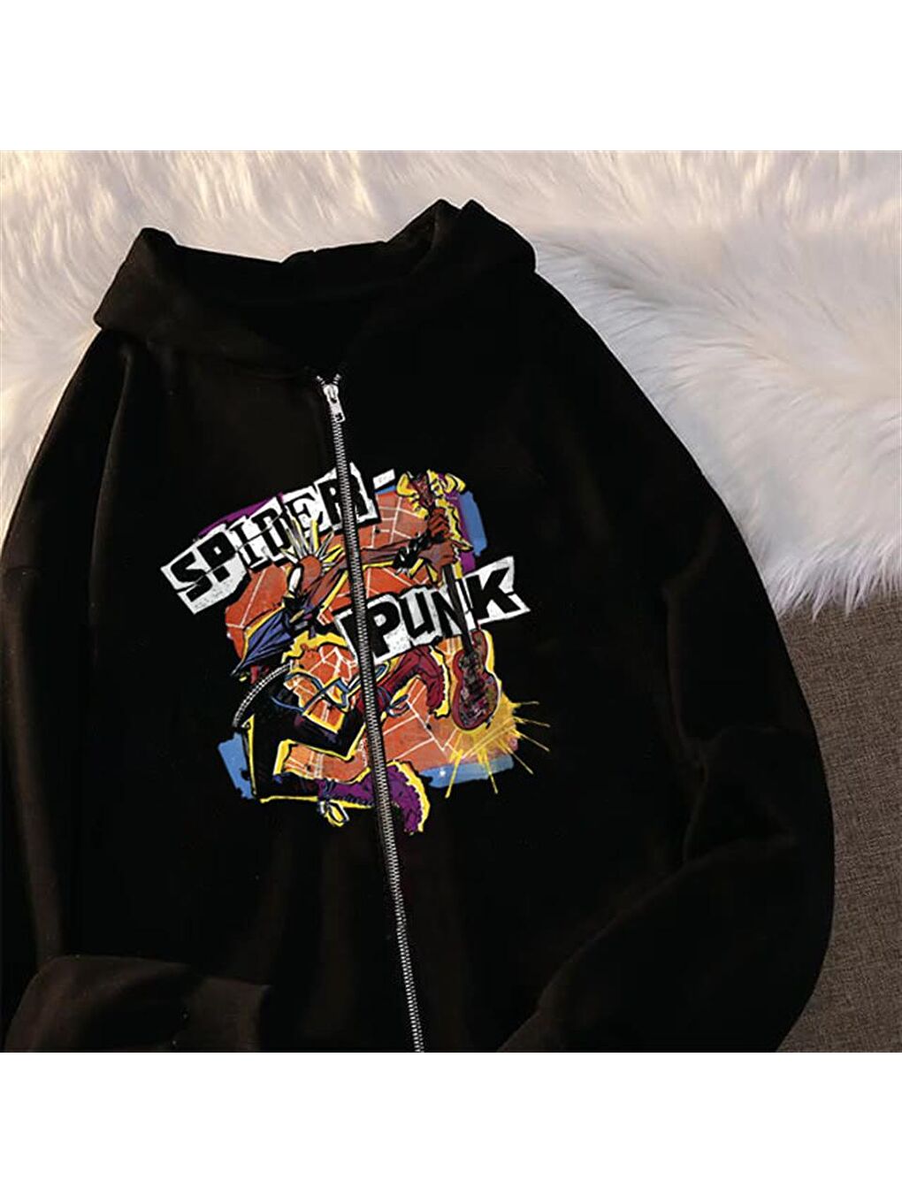 Touz Moda Spider Punk Baskılı Oversize Fermuarlı Siyah Unisex Kapüşonlu Hırka