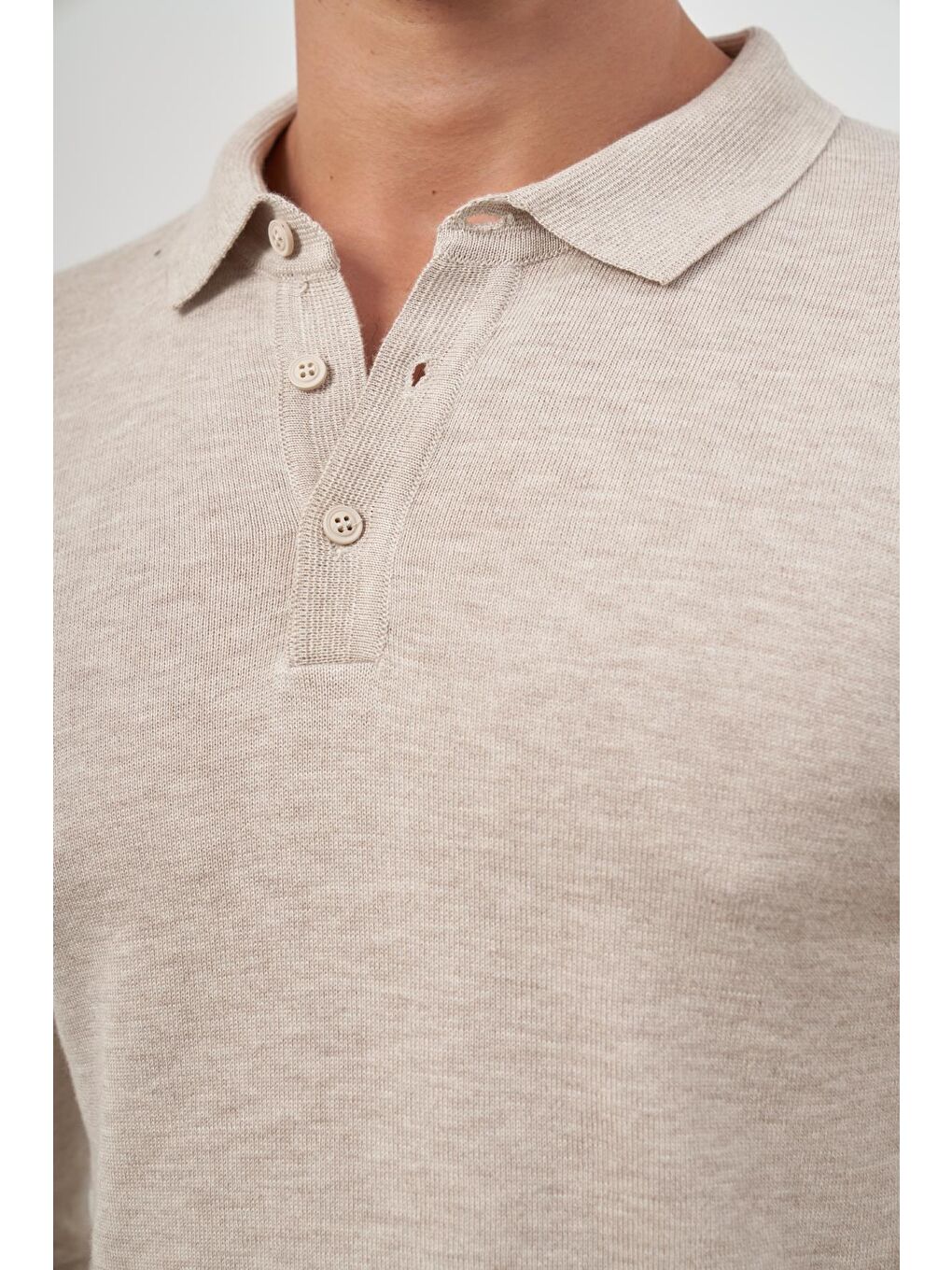 Açık Bej Uzun Kol Düz Örme Polo Yaka Classic Comfort Fit Triko 1012245007-5