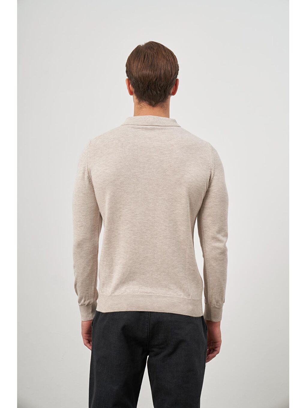 Açık Bej Uzun Kol Düz Örme Polo Yaka Classic Comfort Fit Triko 1012245007-6