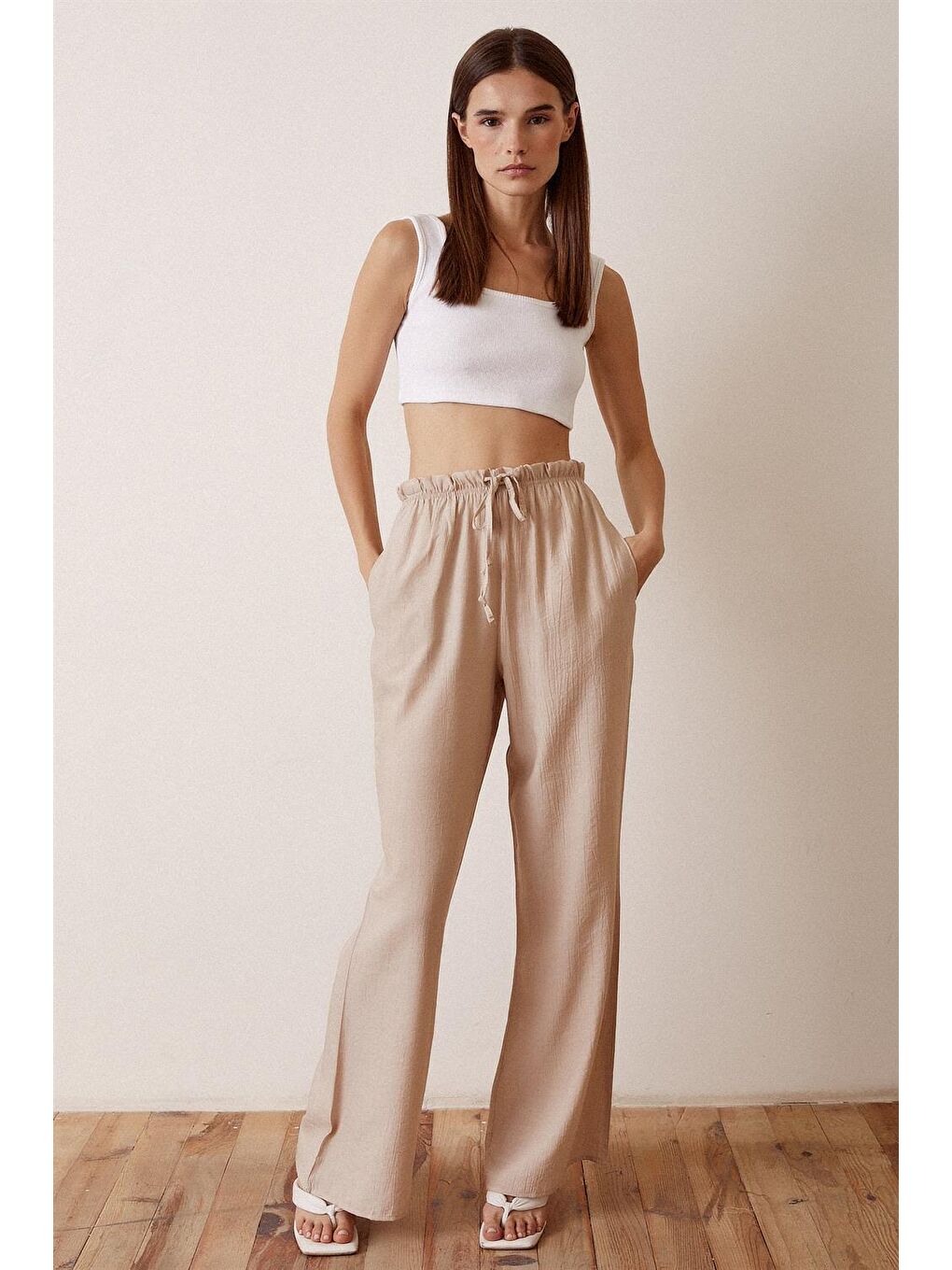 Bej Beli Lastikli Biyeli Yüksek Bel Pantolon-1
