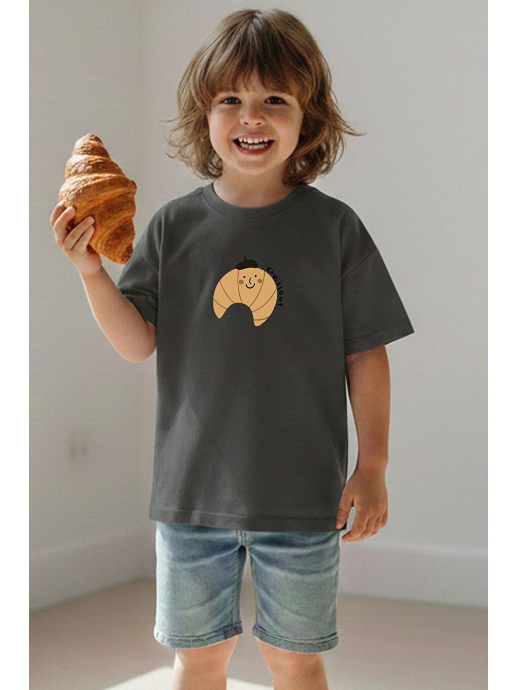 Antrasit Unisex Bisiklet Yaka Baskılı Tshirt