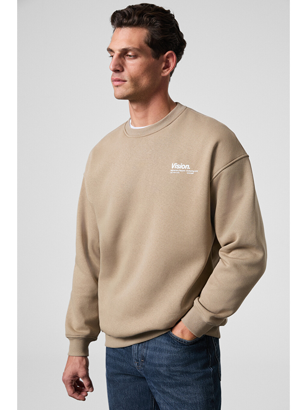 Bej Ernest Erkek Organik Pamuklu Yumuşacık Baskı Detaylı Bisiklet Yaka İçi Polarlı BEJ Sweatshirt-3