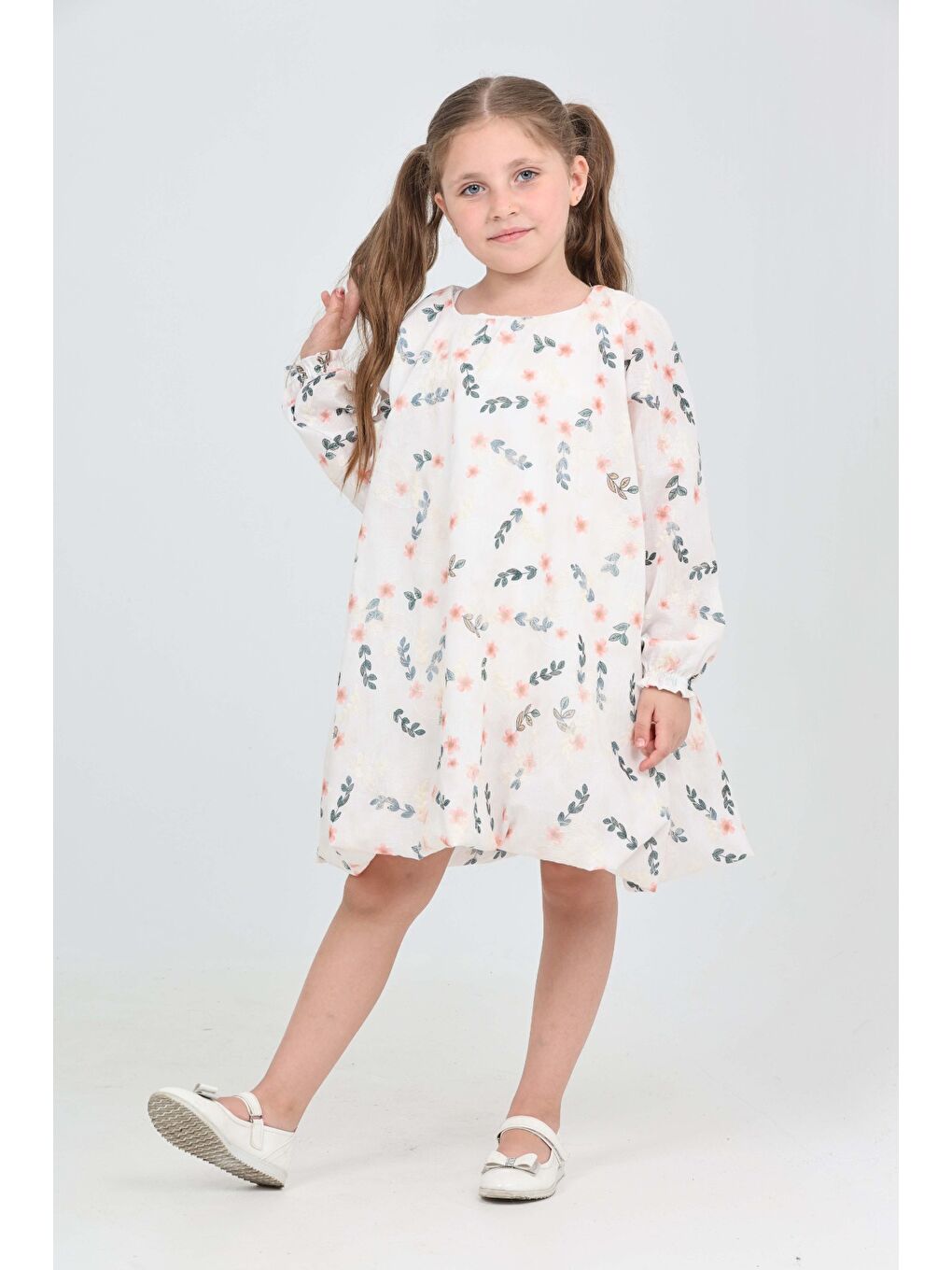 Pembe Kız Çocuk Çiçekli Volanlı Elbise-1