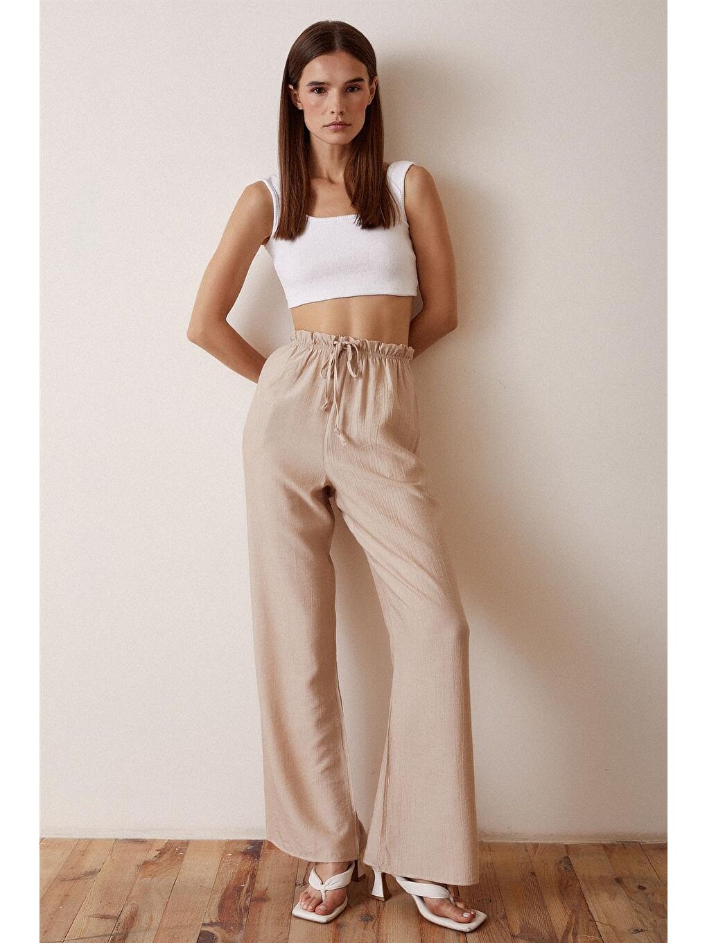 Bej Beli Lastikli Biyeli Yüksek Bel Pantolon-2