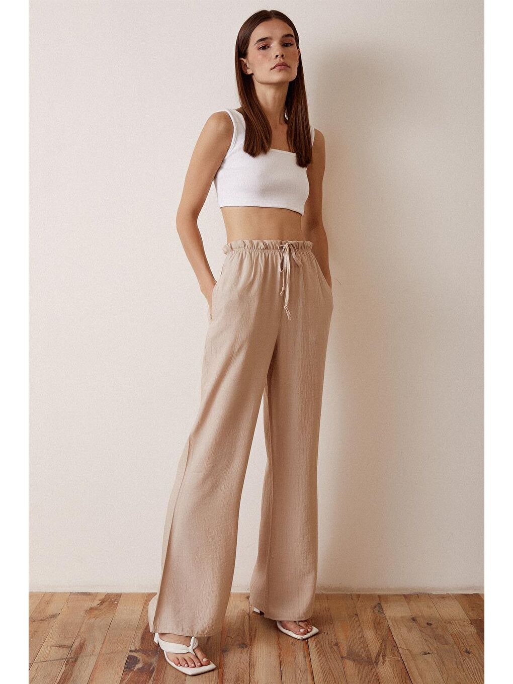 Bej Beli Lastikli Biyeli Yüksek Bel Pantolon-3