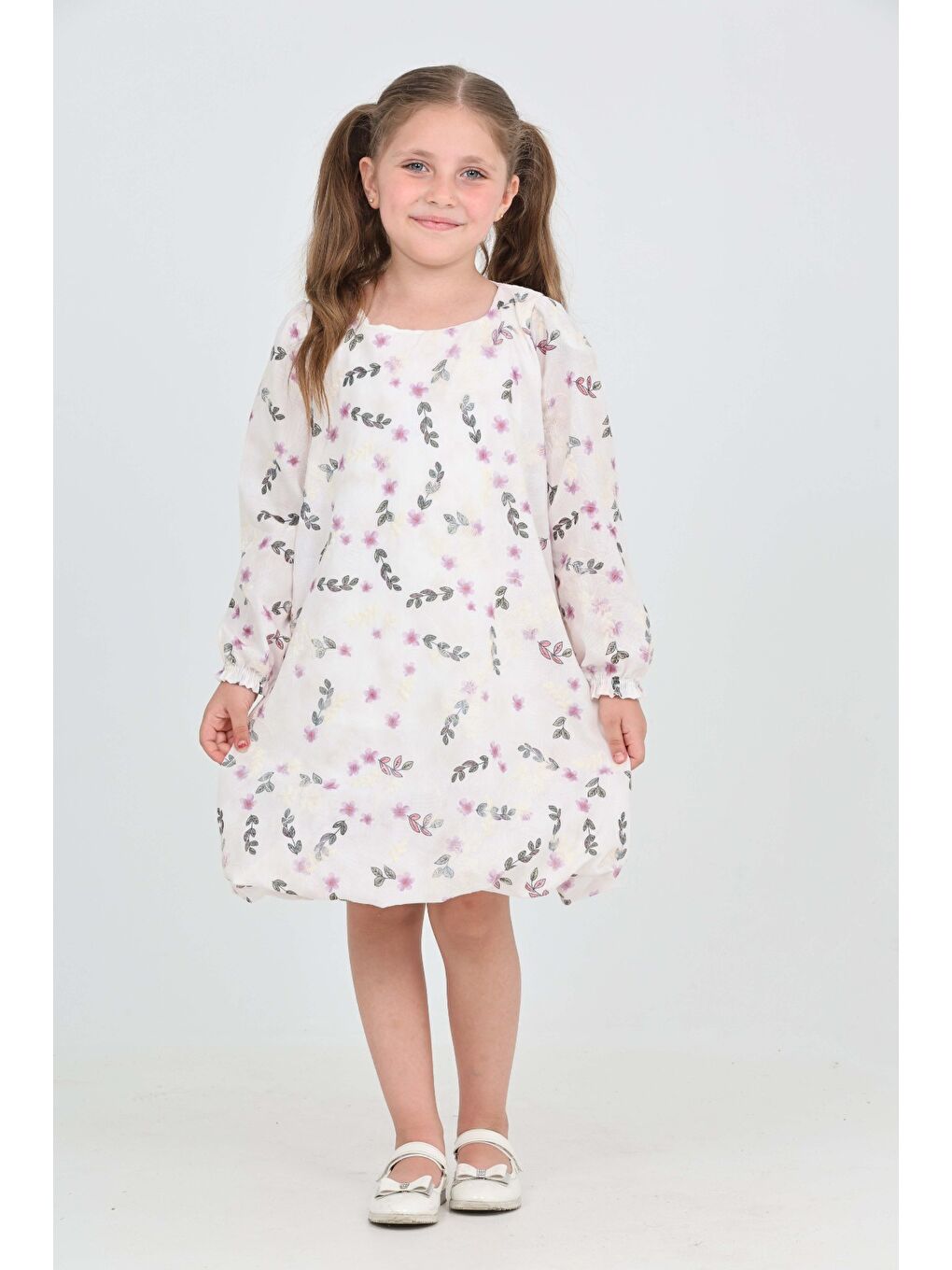 Lila Kız Çocuk Çiçekli Volanlı Elbise-1