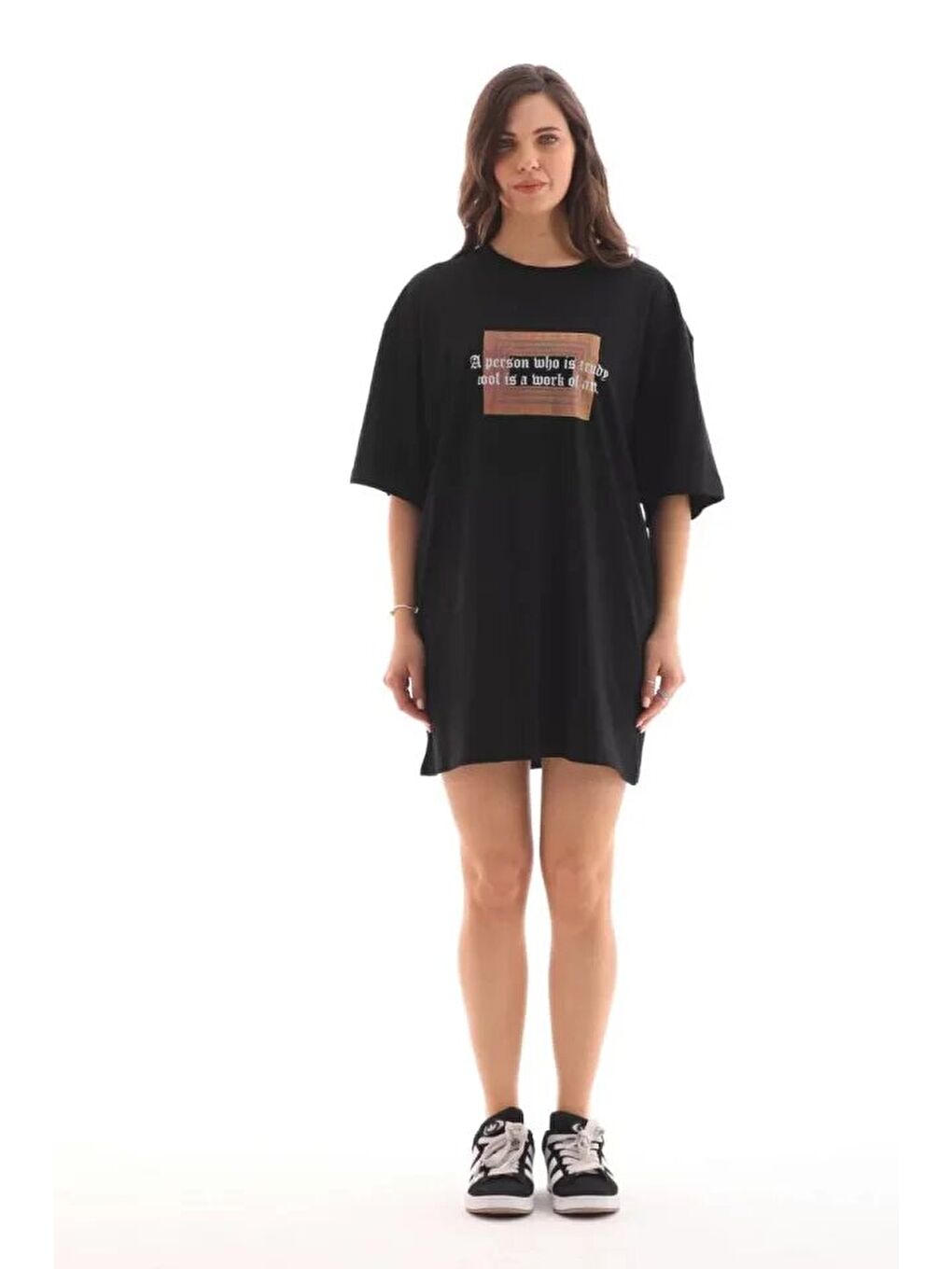 Unisex Bisiklet Yaka Baskılı Oversize T-Shirt - Siyah-1