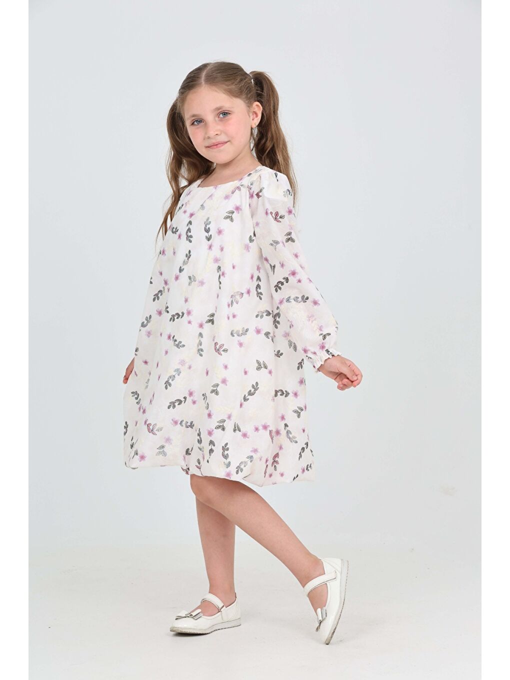 Lila Kız Çocuk Çiçekli Volanlı Elbise-3