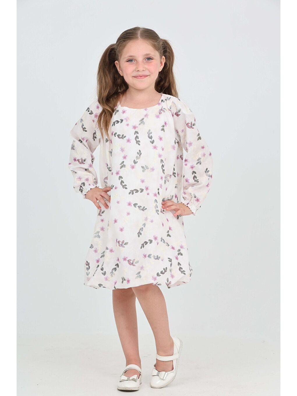 Lila Kız Çocuk Çiçekli Volanlı Elbise-4