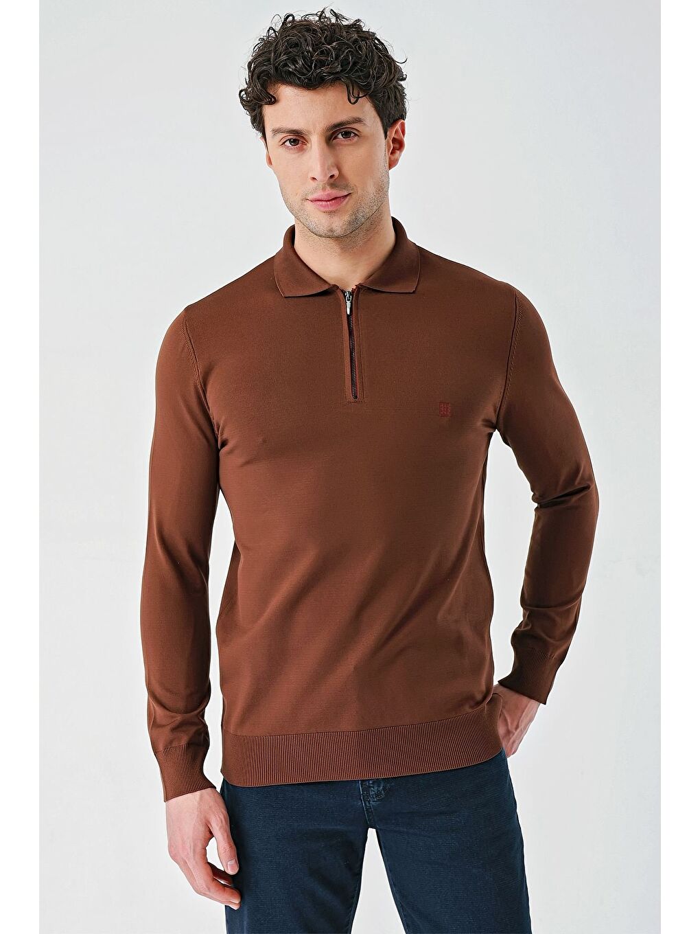 Kahverengi Taba Örme Polo Yaka Klasik Slim Fit Dar Kesim Triko 1012235269
