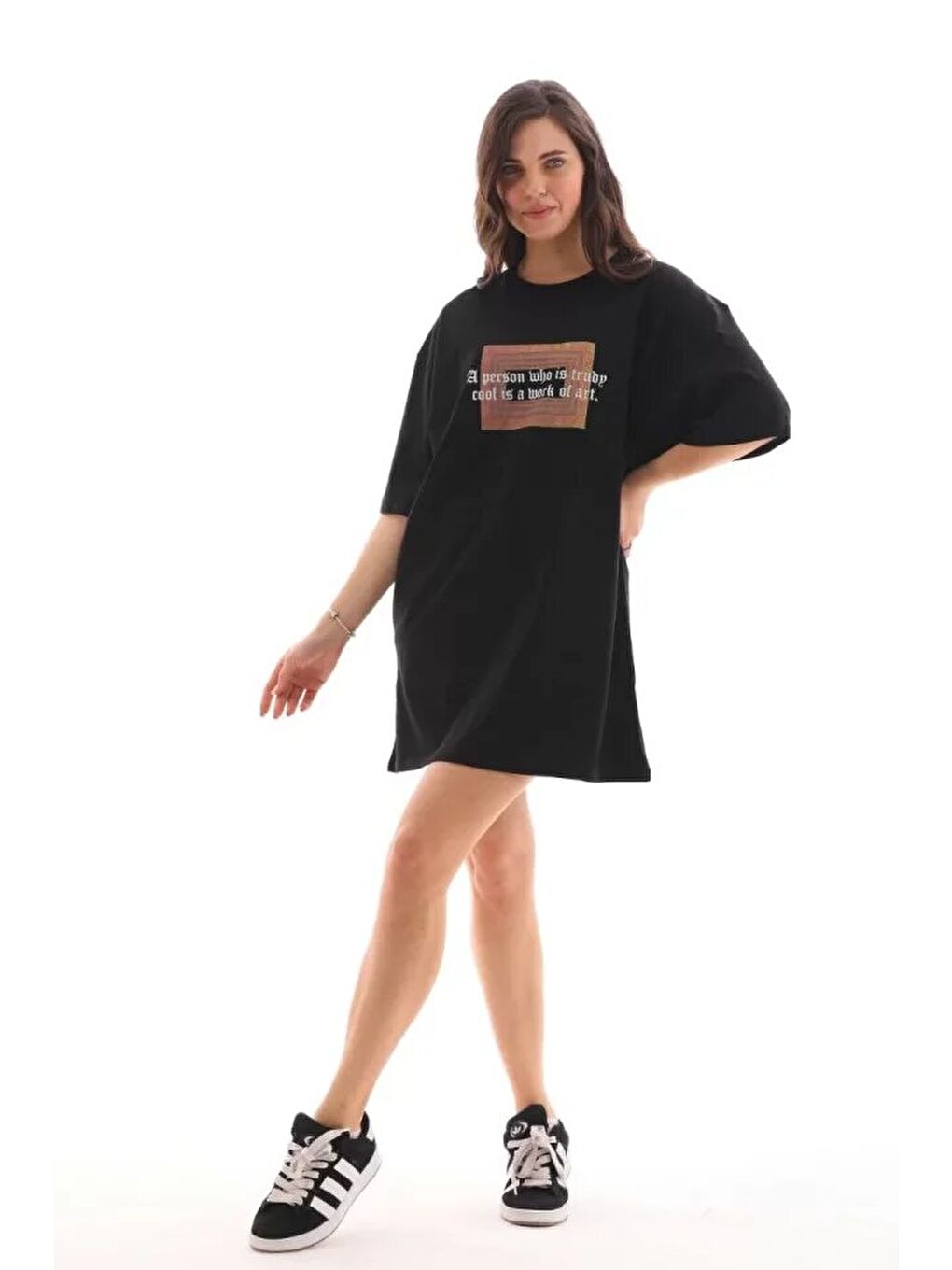 Unisex Bisiklet Yaka Baskılı Oversize T-Shirt - Siyah-2