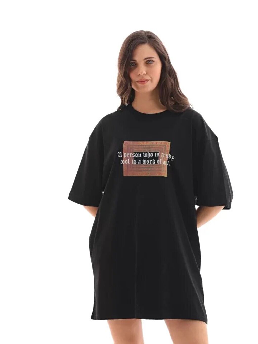 Unisex Bisiklet Yaka Baskılı Oversize T-Shirt - Siyah-3