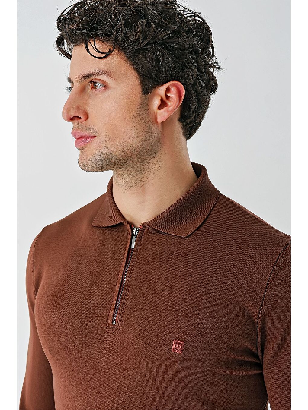 Kahverengi Taba Örme Polo Yaka Klasik Slim Fit Dar Kesim Triko 1012235269-1