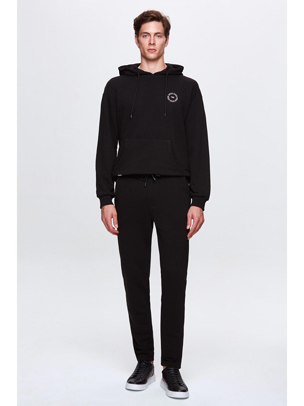 Oversize Siyah Baskılı 3 İplik Kapüşonlu Sweatshirt-3