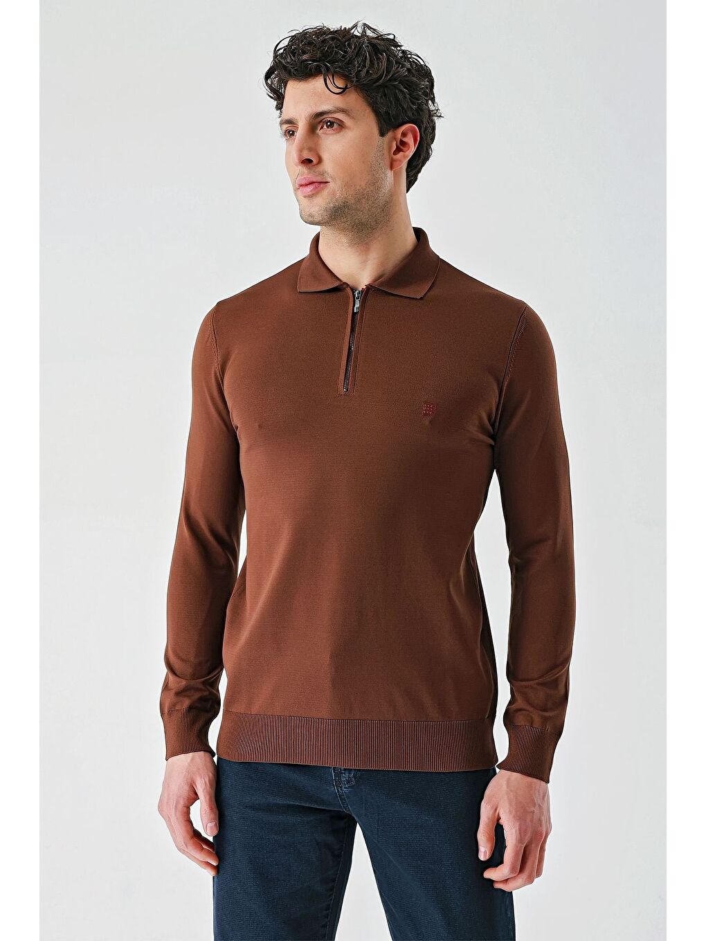 Kahverengi Taba Örme Polo Yaka Klasik Slim Fit Dar Kesim Triko 1012235269-2