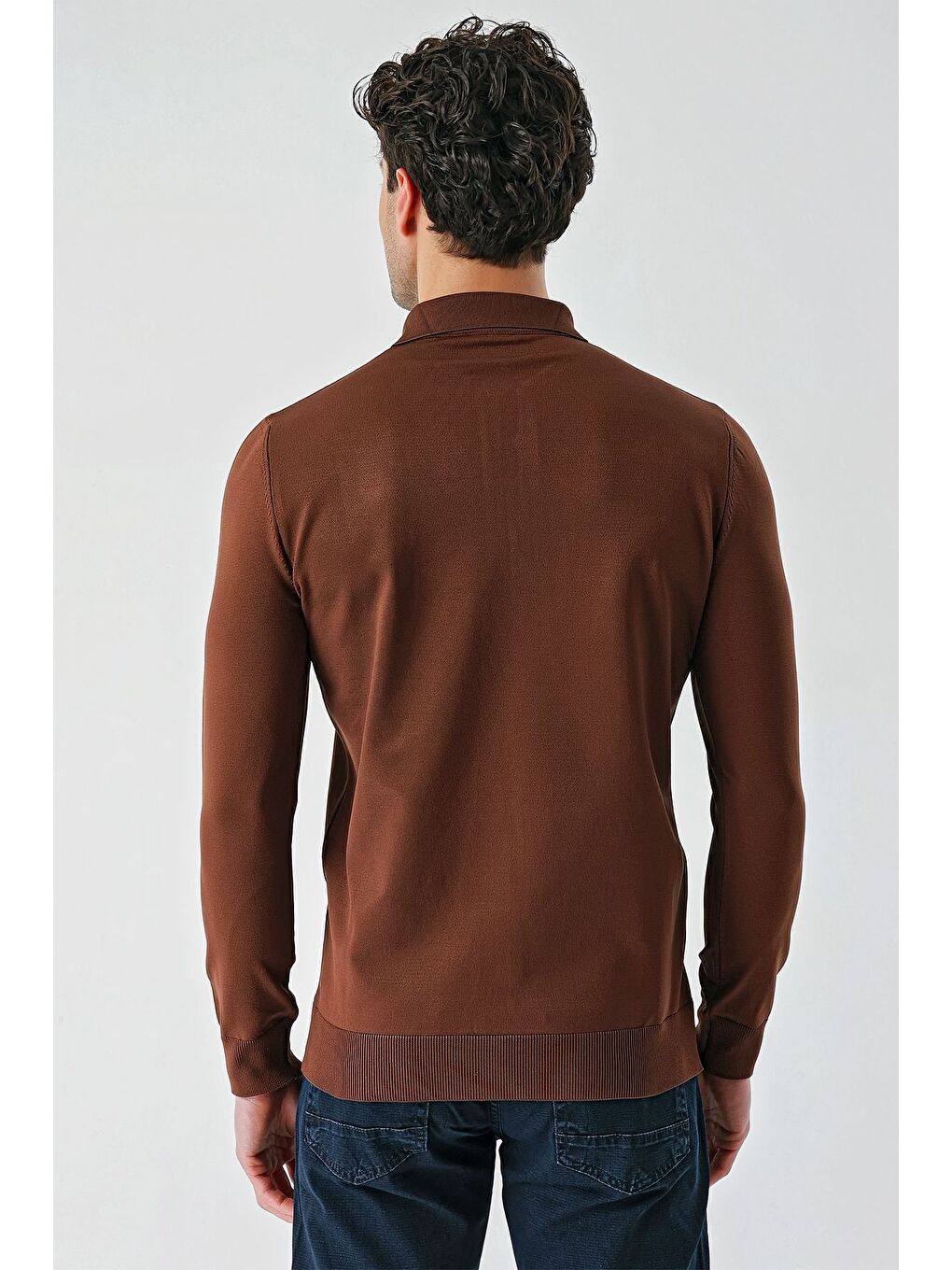 Kahverengi Taba Örme Polo Yaka Klasik Slim Fit Dar Kesim Triko 1012235269-3