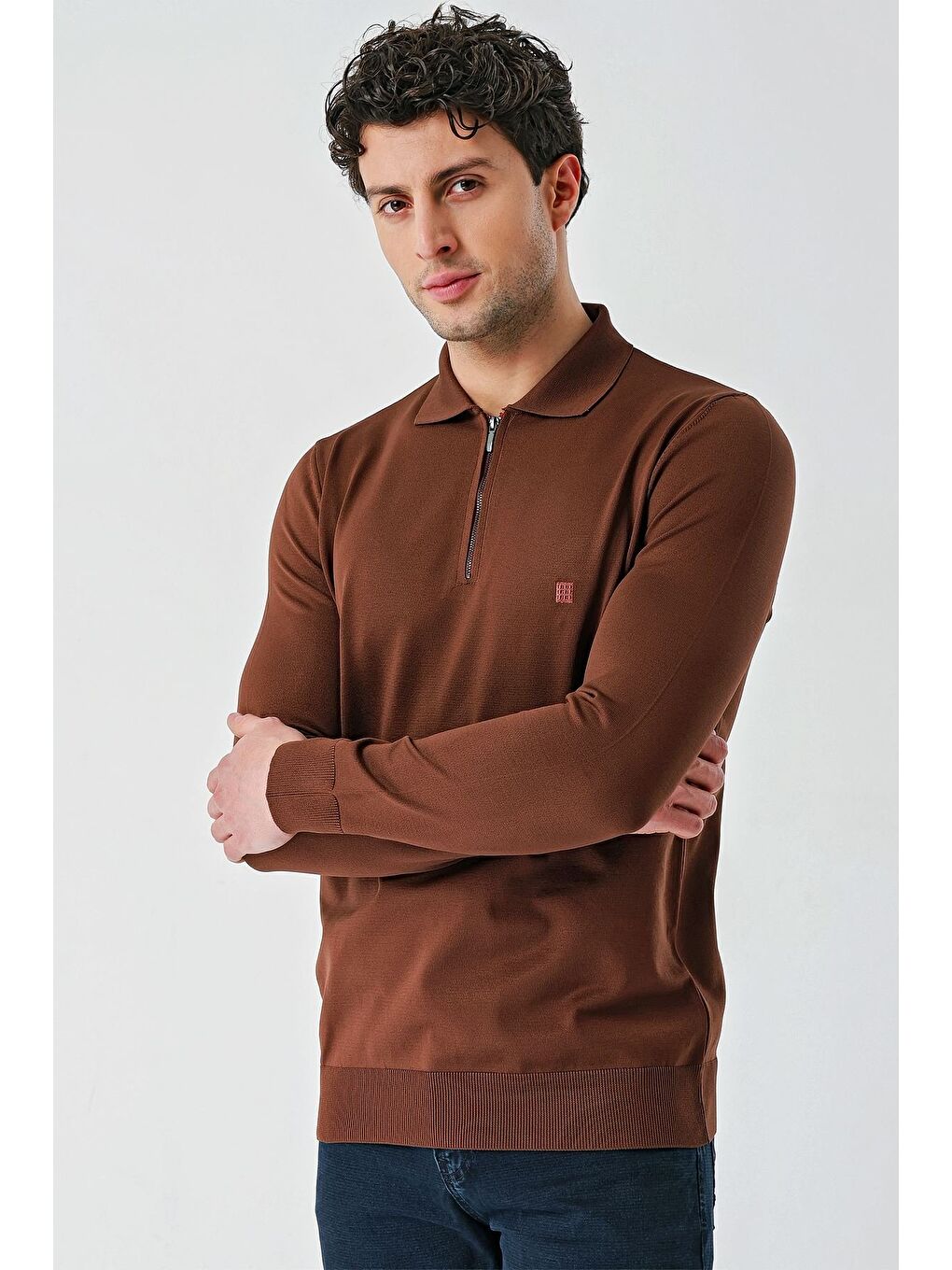 Kahverengi Taba Örme Polo Yaka Klasik Slim Fit Dar Kesim Triko 1012235269-4