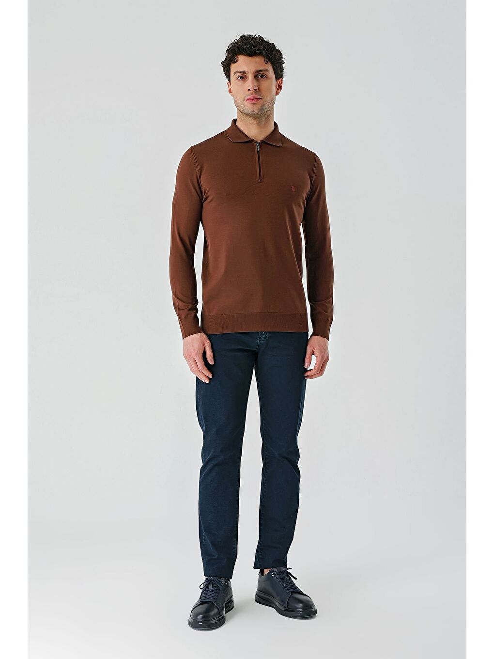 Kahverengi Taba Örme Polo Yaka Klasik Slim Fit Dar Kesim Triko 1012235269-5