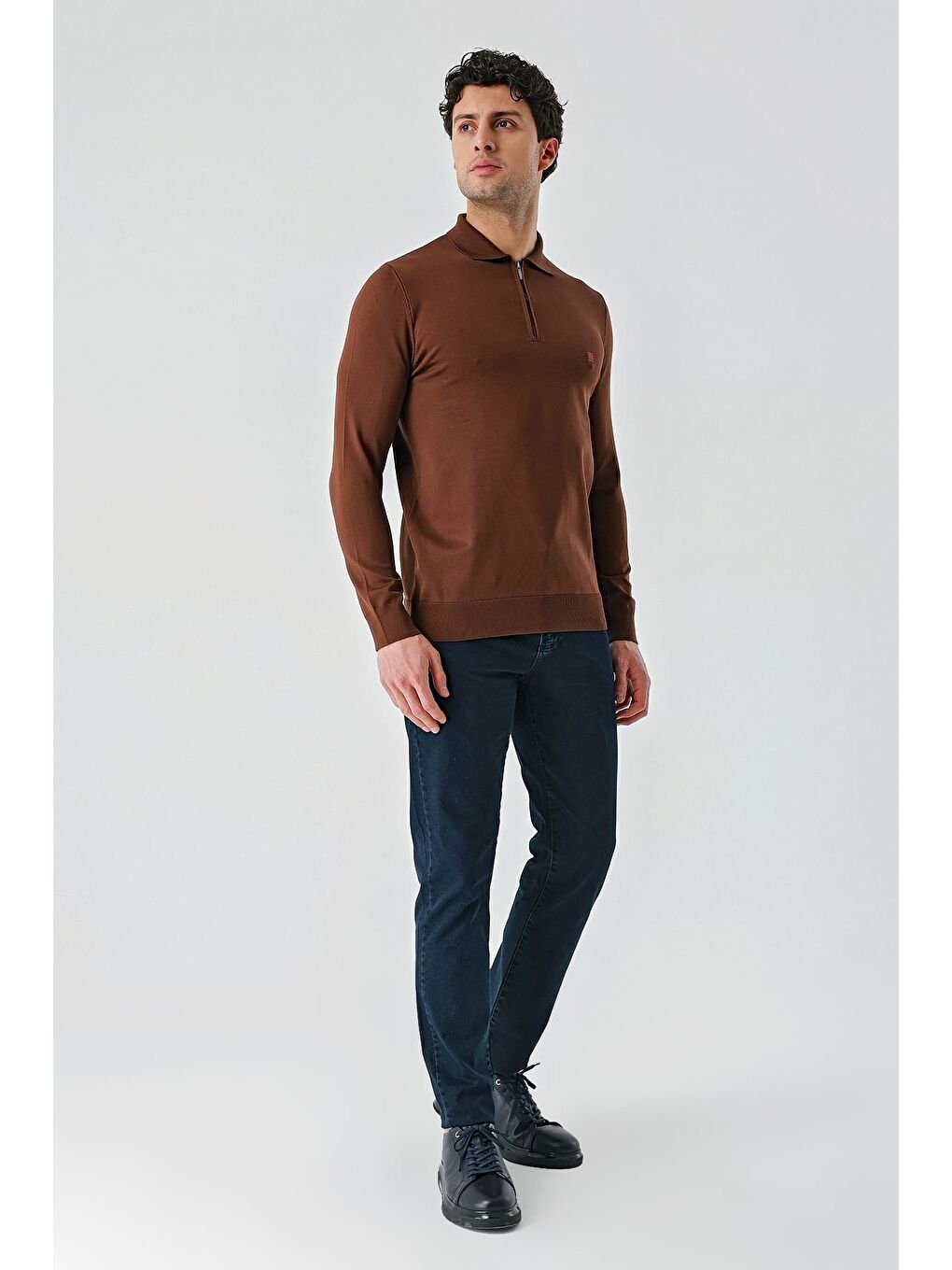 Kahverengi Taba Örme Polo Yaka Klasik Slim Fit Dar Kesim Triko 1012235269-6