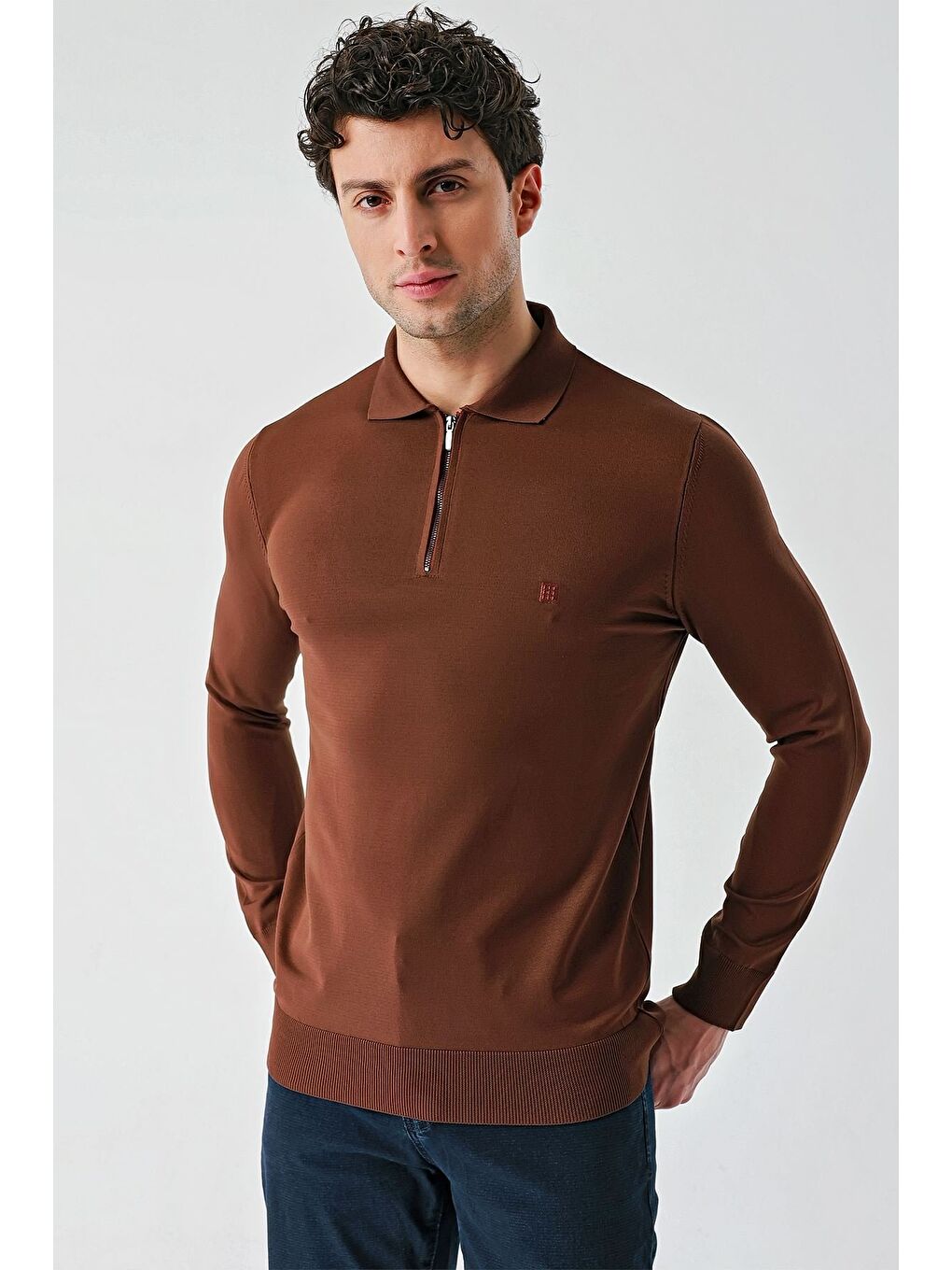 Kahverengi Taba Örme Polo Yaka Klasik Slim Fit Dar Kesim Triko 1012235269-7