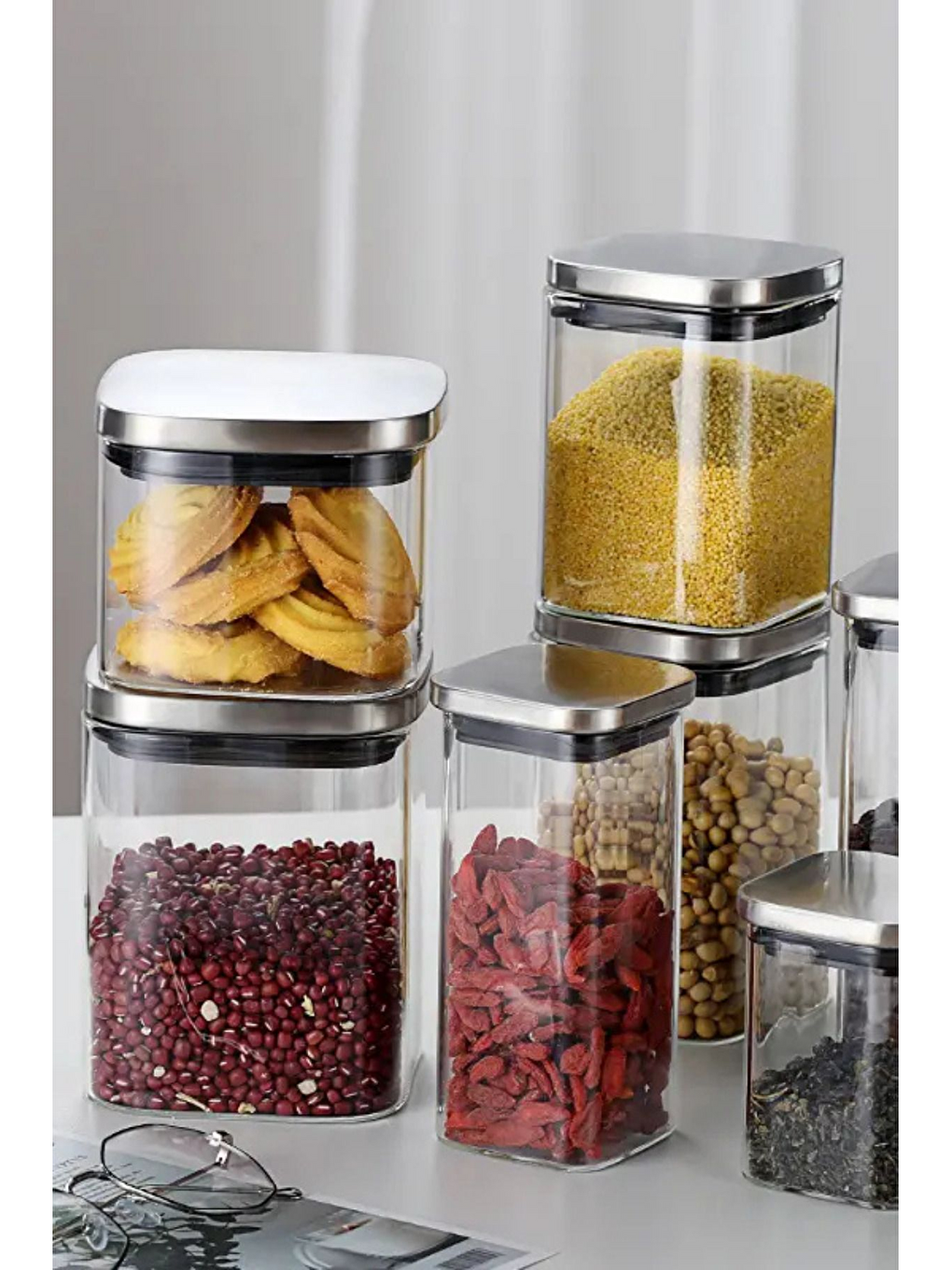 Renksiz Vakum Krom Kapaklı Kare Cam Kavanoz 8x8x13 cm -650 ml Cam Baharatlık Saklama Kabı 3 Adet-3