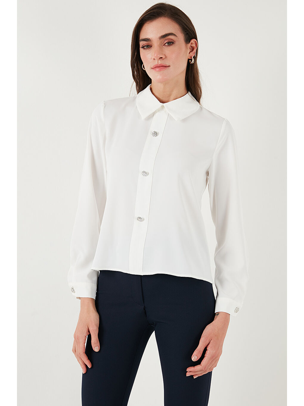 Ekru Taşlı Regular Fit Gömlek Yaka Fermuarlı Bluz 611Bz0493-3