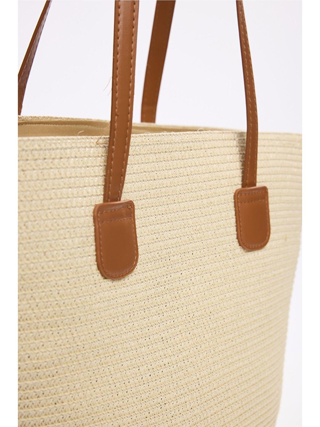 Deri Saplı Fermuarlı Bej Renk Hasır Plaj Çantası 3120-1