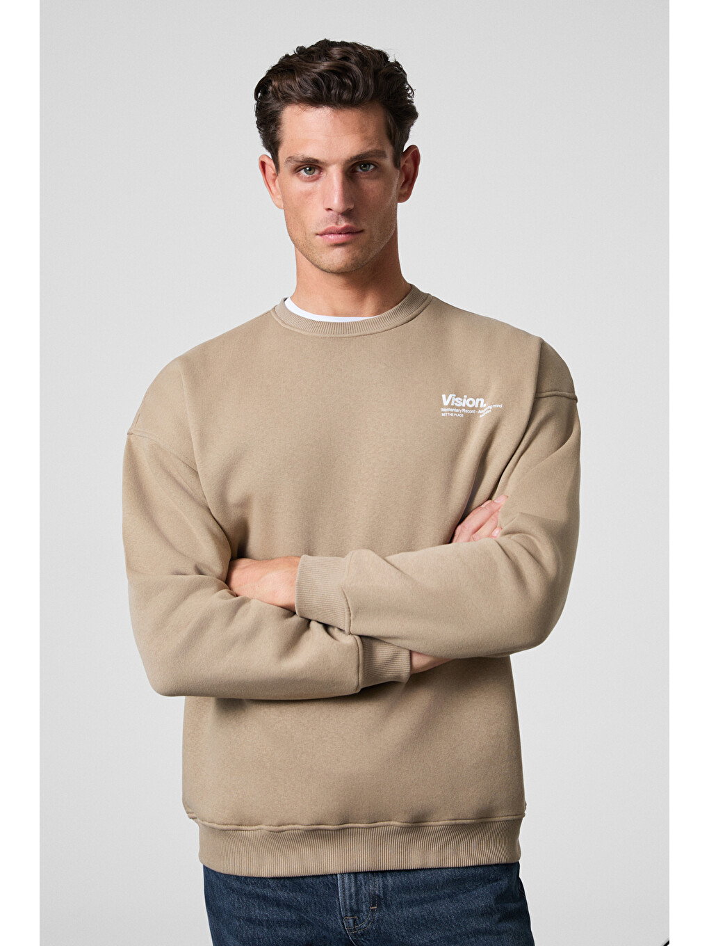 Bej Ernest Erkek Organik Pamuklu Yumuşacık Baskı Detaylı Bisiklet Yaka İçi Polarlı BEJ Sweatshirt-4