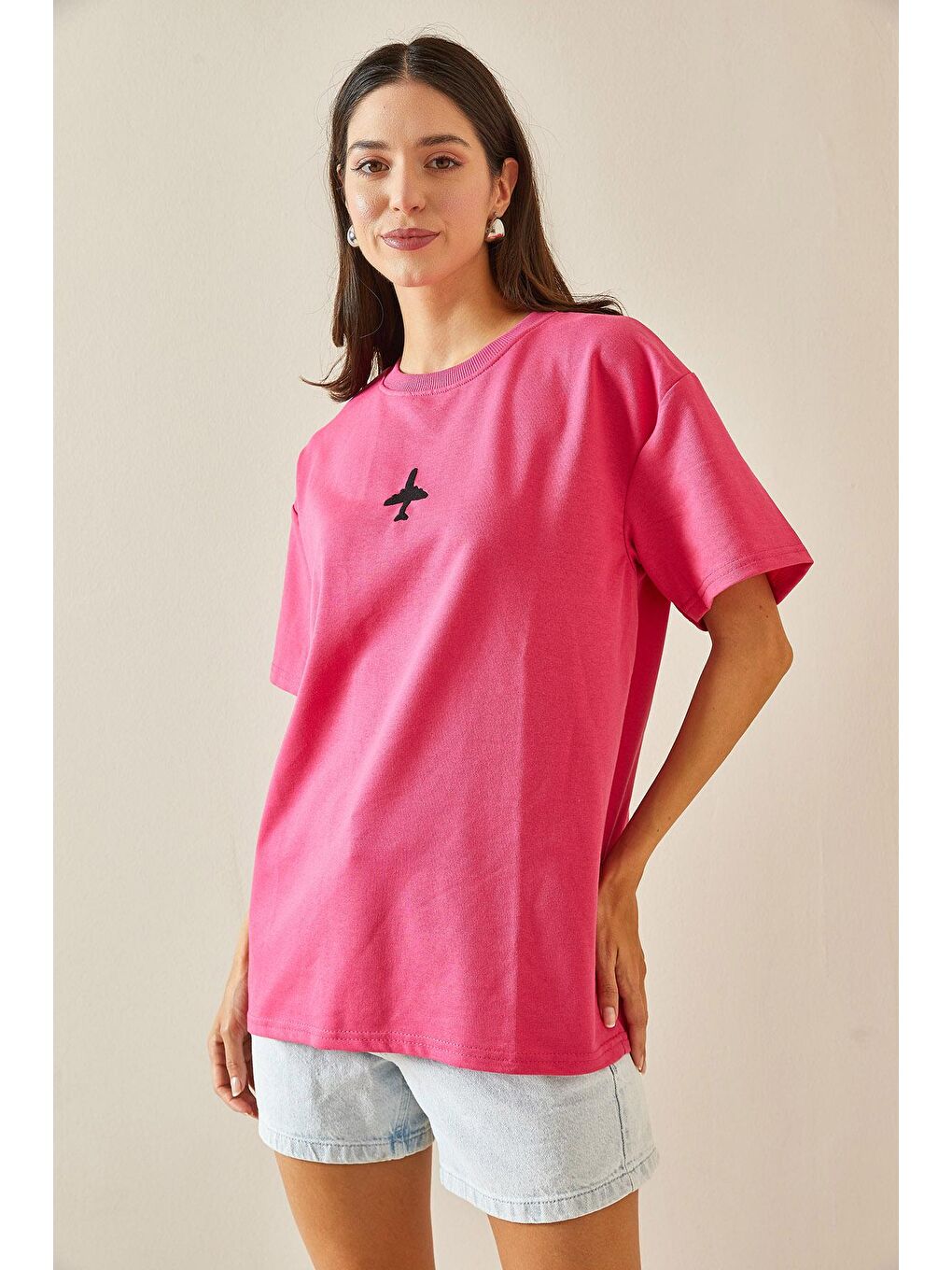 XHAN Fuşya Bisiklet Yaka Yazılı Oversize Tshirt 5YXK1-48701-07 - 1