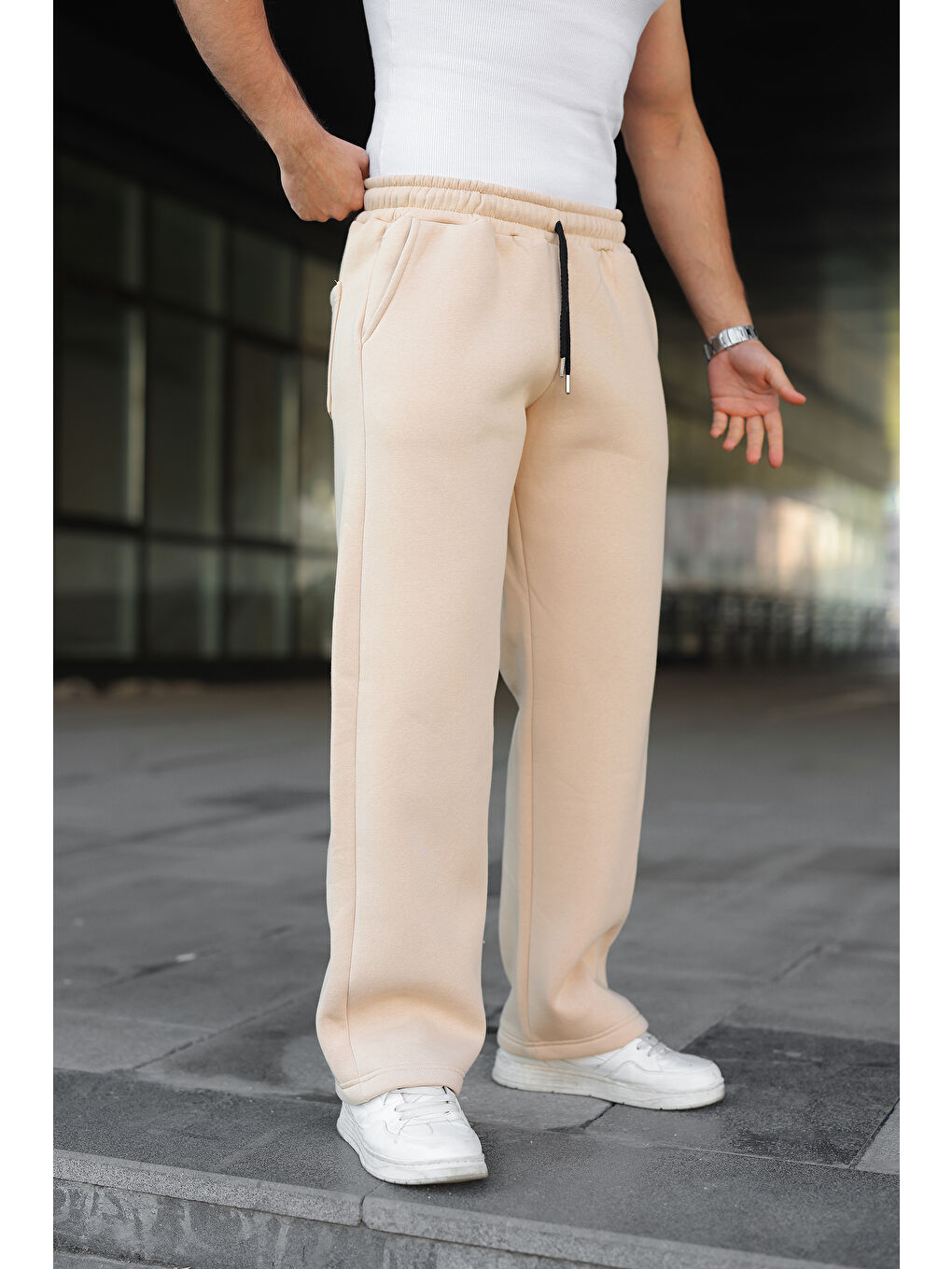 Ekru Erkek Bol Paça Beli Lastikli Krem Eşofman Altı-1