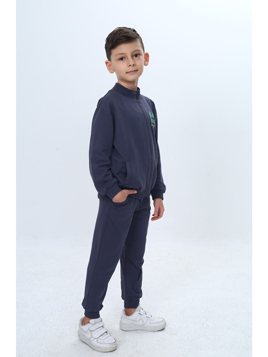 Gri Çocuk 2'li Takım Baskılı Fermuarlı Cepli Sweatshirt & Beli Paçası Lastikli Cepli Jogger Eşofman Altı-1