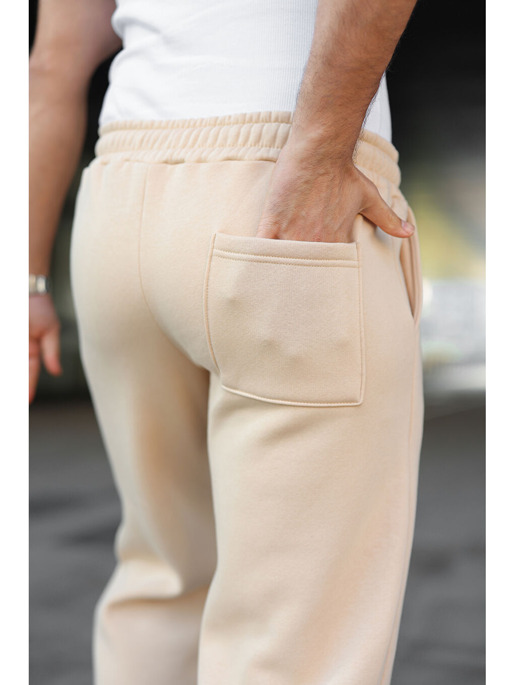Ekru Erkek Bol Paça Beli Lastikli Krem Eşofman Altı-2