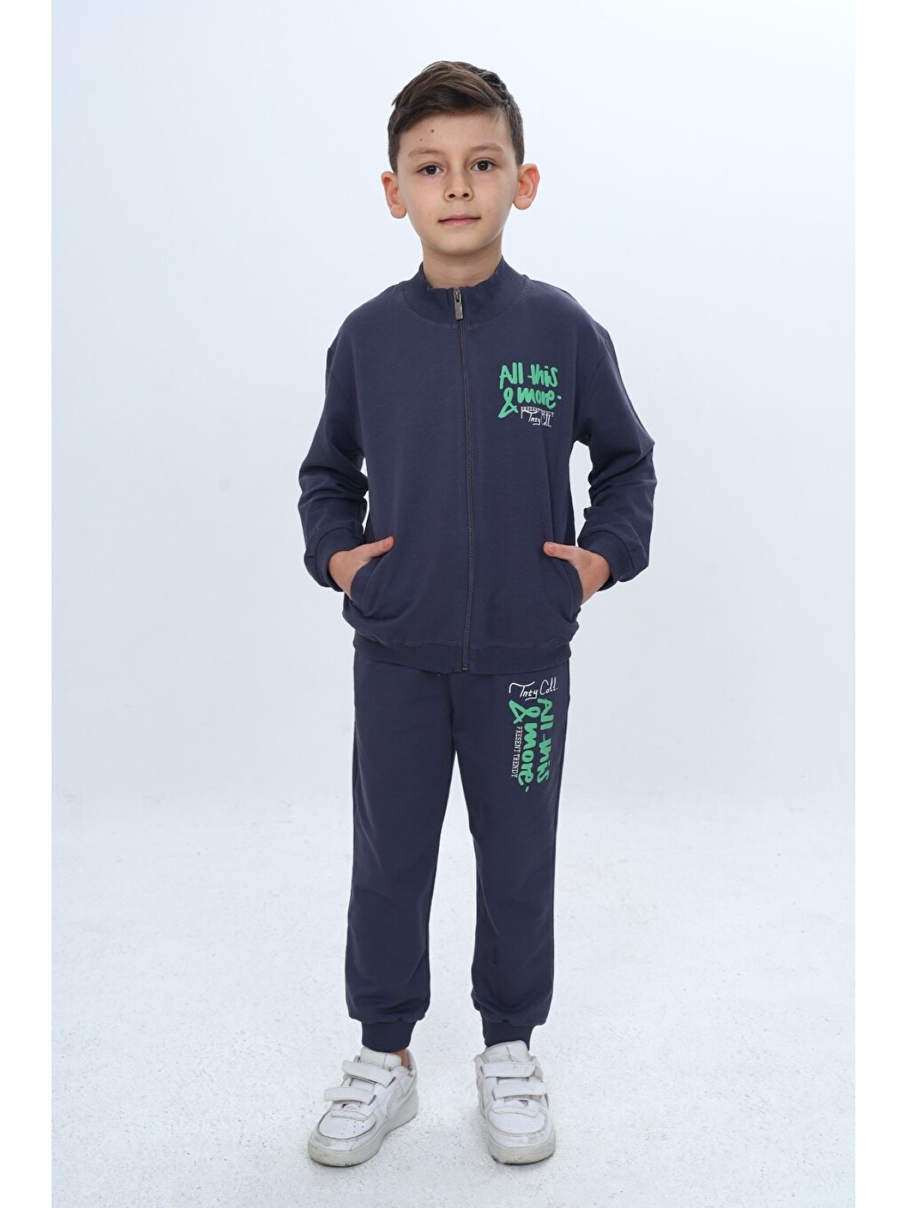 Gri Çocuk 2'li Takım Baskılı Fermuarlı Cepli Sweatshirt & Beli Paçası Lastikli Cepli Jogger Eşofman Altı-2
