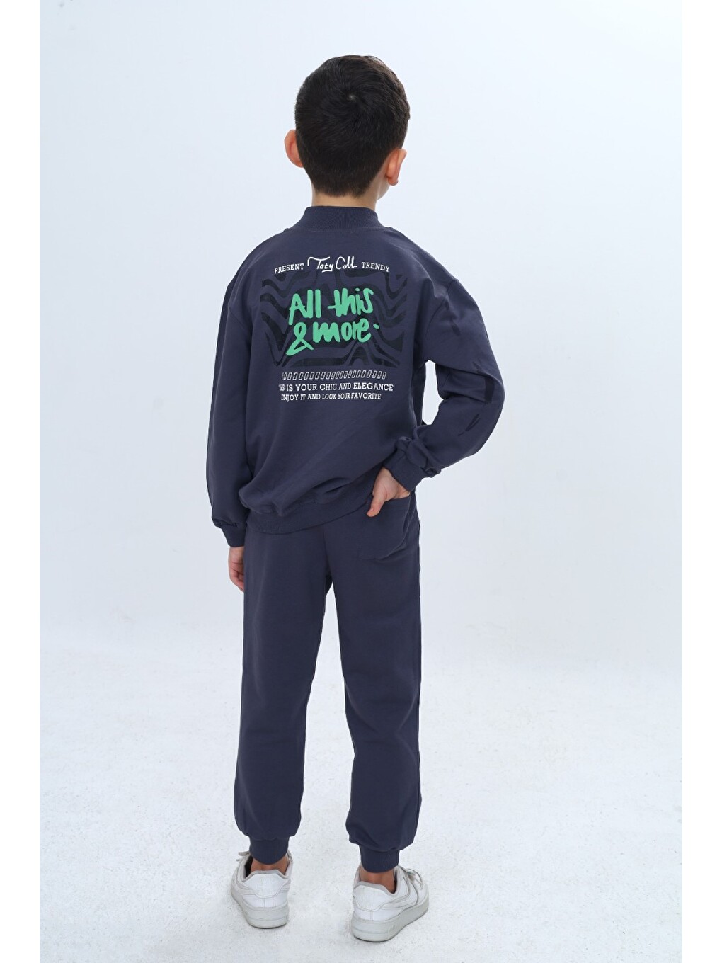 Gri Çocuk 2'li Takım Baskılı Fermuarlı Cepli Sweatshirt & Beli Paçası Lastikli Cepli Jogger Eşofman Altı-3